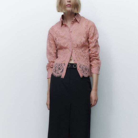 NWT Zara Long Sleeve Floral Lace Collared Button Shirt Size XS - Picture 1 of 9